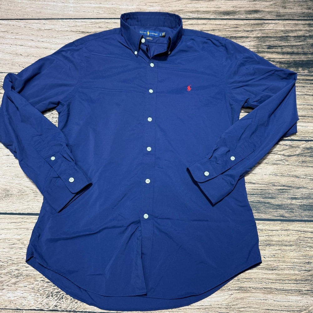 Ralph Lauren Button Down Shirt Men Large Navy Blue Slim Fit Performance Long Slv